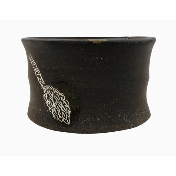 Oval Ceramic Planter Brown Matte Finish Glossy Accents Etched White Design Signe - Picture 1 of 10